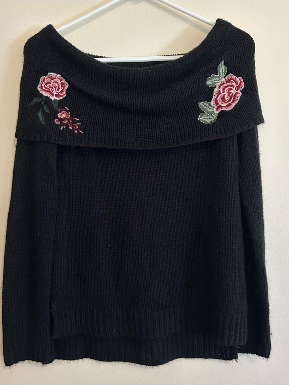 Arizona Jean Company Black Off-the-Shoulder Sweater with Rose Embroidery